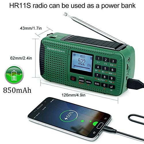 Retekess HR11S Radio Portátil Radio de Emergencia AM / FM / SW Camping Radio Radio Solar con Reloj Despertador Temporizador MP3 Reproductor Linterna Registrador SOS con Manivela (Verde)