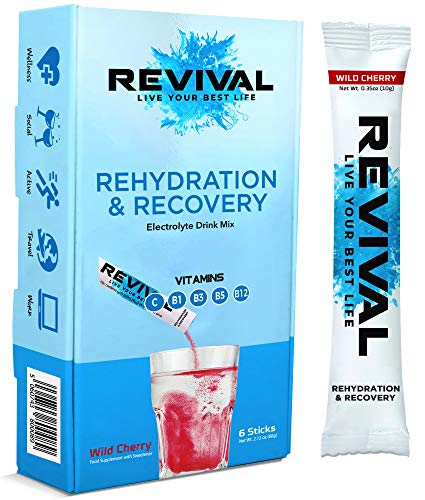 Revival, Rehidratación Rápida: Polvo de electrolitos - Potente Suplemento de Vitamina C, Bebida de Rehidratación, Tabletas Efervescentes para la Hidratación y Resaca Cura – Cereza 6 Paquete