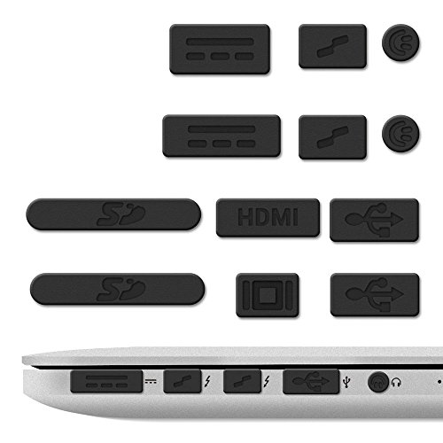 REY 12x Tapones Anti-Polvo para Apple MacBook Pro 13" 15" Retina/Air 11" 13", Protector de Puertos en Negro
