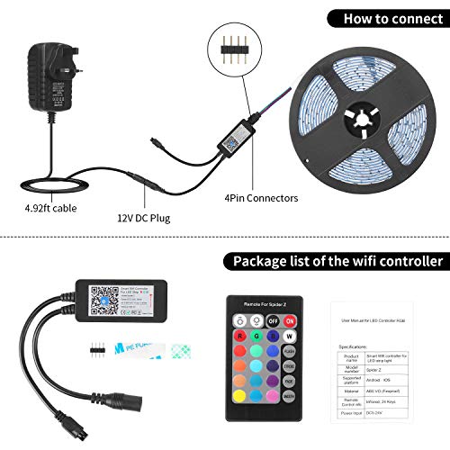 RGB Tira Led Alexa, Uzone WiFi 5050 RGB 5m Luces de Tira LED Impermeable Control de Voz, Compatible con Alexa Echo, Google Home, Controlador y Adaptador de Corriente, Decoración para Home Garden Bar
