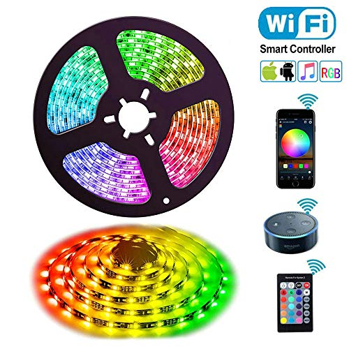 RGB Tira Led Alexa, Uzone WiFi 5050 RGB 5m Luces de Tira LED Impermeable Control de Voz, Compatible con Alexa Echo, Google Home, Controlador y Adaptador de Corriente, Decoración para Home Garden Bar