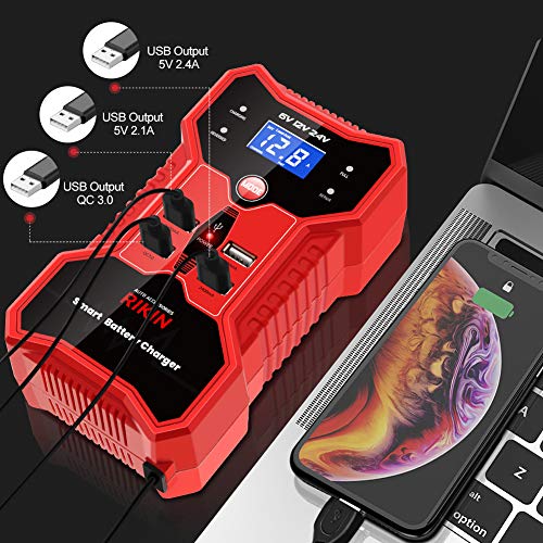 RIKIN Cargador de Baterias de Coche 6V/12V/24V 10A Inteligente Automático Múltiples Puertos USB con Múltiples Protecciones para Coche Motocicletas ATVs RVs Barco