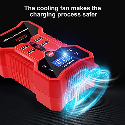 RIKIN Cargador de Baterias de Coche 6V/12V/24V 10A Inteligente Automático Múltiples Puertos USB con Múltiples Protecciones para Coche Motocicletas ATVs RVs Barco