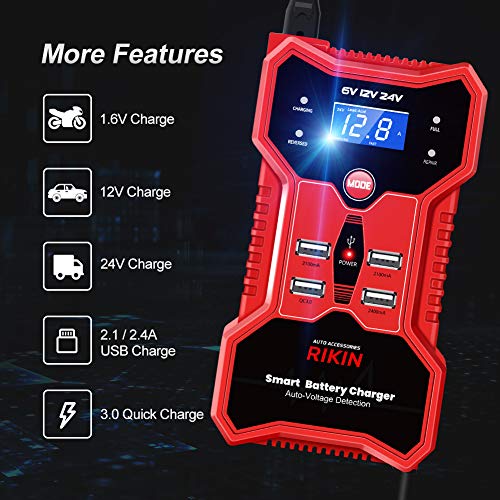 RIKIN Cargador de Baterias de Coche 6V/12V/24V 10A Inteligente Automático Múltiples Puertos USB con Múltiples Protecciones para Coche Motocicletas ATVs RVs Barco