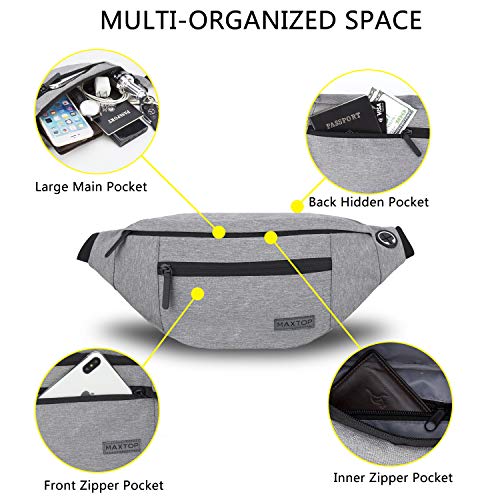 Riñonera Unisex con Conector para Auriculares y 3 Bolsillos con Cremallera, cinturón Ajustable, Bolsa para Entrenamiento al Aire Libre, Viajes, Casual, Correr, Senderismo (Grande-Gris)