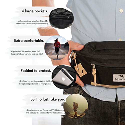 Riñonera XXL de Nomalite | Riñonera/cinturón de Marcha Negra Waterproof/Resistente al Agua de Hombre y Mujer con Cuero y 4 Bolsillos (Total 2L) para iPhone. Ideal para Viaje, Trekking, Deporte.