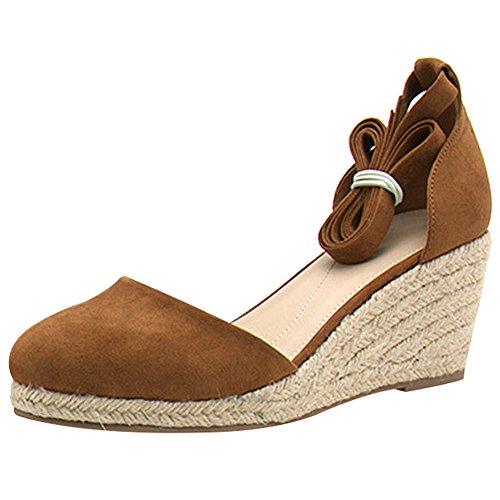 rismart Señoras Mujeres Cuña Verano Tobillo Correas Espadrilles Sandalias y Chanclas SN02715(Marrón Claro,EU39)
