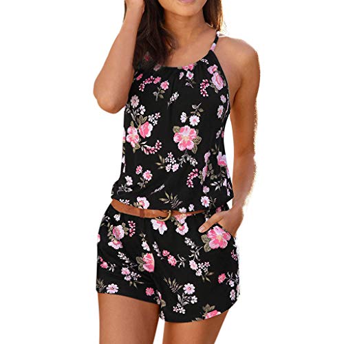 RISTHY Monos De Vestir Mujer Verano Fiesta Elegante Tirantes Mono Corto Impresión Floral Backless Sin Mangas Cuello O Jumpsuit Anchos Coctel Playa Beach Boho Ropa Moda