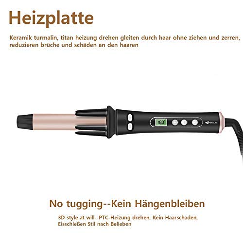 Rizador automático con rizador, material cerámico de turmalina, cuidado del cabello con iones negativos, calentamiento rápido en 30 segundos, ajuste de temperatura LCD, forma de onda duradera