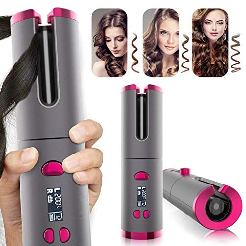 Rizador de pelo inalámbrico con carga USB, pantalla LCD, herramienta de estilo giratorio automático con temporizador