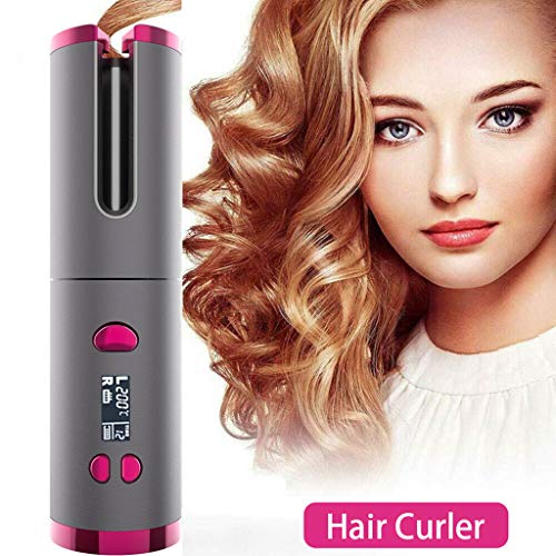 Rizador de pelo inalámbrico con carga USB, pantalla LCD, herramienta de estilo giratorio automático con temporizador