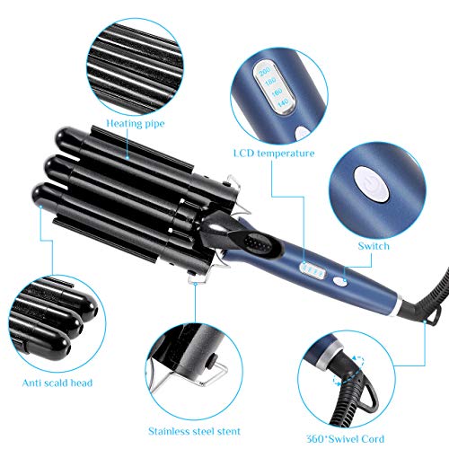 Rizador de pelo, Winpok Pinzas Rizadoras, 3 Tubo Rizador, Turmalina y Cerámica Pantalla LCD 4 Configuraciones de Temperatura (140 ° C-200 ° C), Diseño Plegable con Guantes Anti Escaldaduras