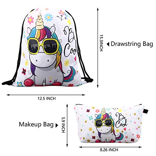 RLGPBON Pack 5 Unicornios Mochila con cordón/Maquillaje Bolsa/Collar de Cadena de aleación/Pulsera/5 Piezas de Lazos para el Cabello Unicornio/Unicornio Drawstring Gift para niñas