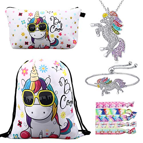RLGPBON Pack 5 Unicornios Mochila con cordón/Maquillaje Bolsa/Collar de Cadena de aleación/Pulsera/5 Piezas de Lazos para el Cabello Unicornio/Unicornio Drawstring Gift para niñas