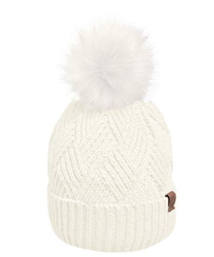 Rockjock Gorro de Punto de Cable de Diamante Grueso para Mujer con Forro térmico de Felpa de Felpa y Pompones de Piel sintética Desmontables