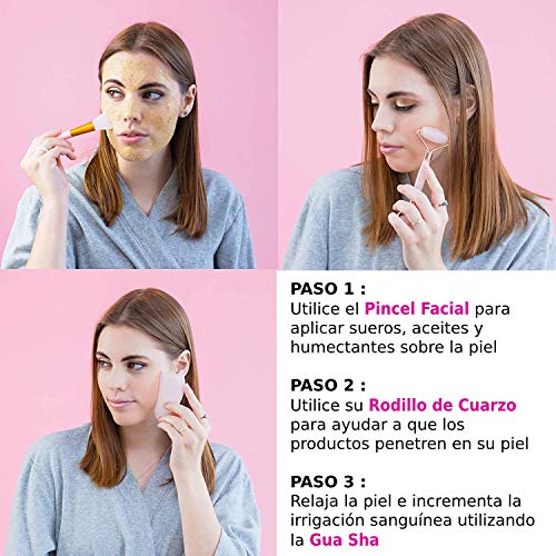 Rodillo de Jade, Gua Sha y Pincel - Set de Masaje Facial en Piedra de Cuarzo Rosa 100% Natural - Masajeador Anti Arrugas, Reducción de Ojeras, Desinflama - Herramientas de Belleza para el Rostro