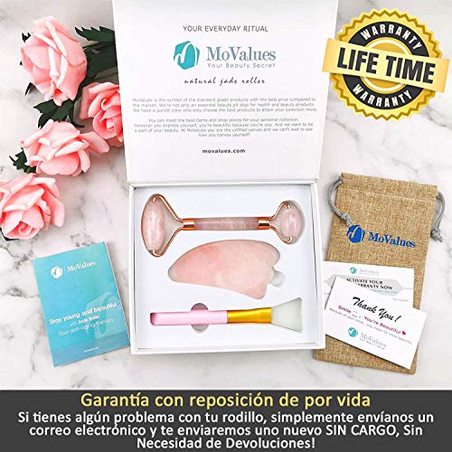 Rodillo de Jade, Gua Sha y Pincel - Set de Masaje Facial en Piedra de Cuarzo Rosa 100% Natural - Masajeador Anti Arrugas, Reducción de Ojeras, Desinflama - Herramientas de Belleza para el Rostro