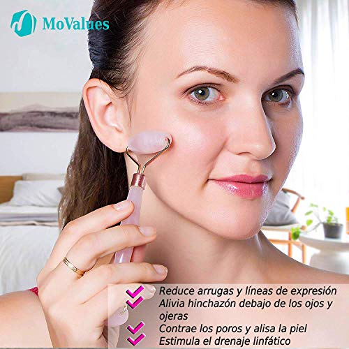 Rodillo de Jade, Gua Sha y Pincel - Set de Masaje Facial en Piedra de Cuarzo Rosa 100% Natural - Masajeador Anti Arrugas, Reducción de Ojeras, Desinflama - Herramientas de Belleza para el Rostro