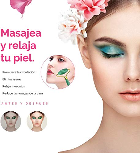 Rodillo de Jade, Masajeador Facial Antienvejecimiento,Piedra Jade Auténtica, Relaja la Piel, Elimina Ojeras, Reduce las Arrugas, Promueve la Circulación, Color Rosa