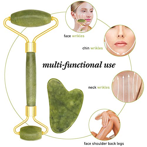 Rodillo de Jade,Jade Roller Masajeador,Facial Masaje Piedra Gua Sha Jade,Natural Jade Roller Masajeador Roller Tools,Anti Aging Belleza Natural Dispositivo Herramienta,piel que aprieta (2pcs)