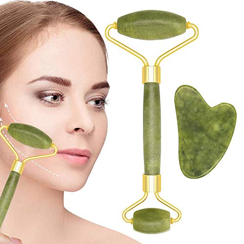 Rodillo de Jade,Jade Roller Masajeador,Facial Masaje Piedra Gua Sha Jade,Natural Jade Roller Masajeador Roller Tools,Anti Aging Belleza Natural Dispositivo Herramienta,piel que aprieta (2pcs)