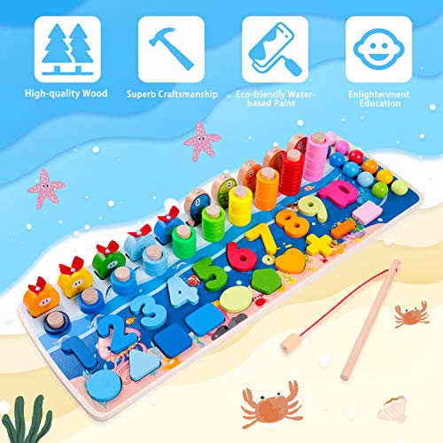 Rolimate Rompecabezas de Madera Montessori Juguetes educativos, Preescolar Matemáticas Clasificación Apilar Número Juego de conteo, Juego de Pesca Juguetes para 3 4 5 6 años Niños Niñas