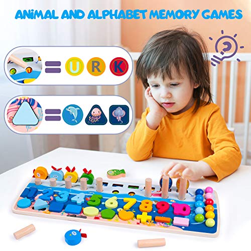 Rolimate Rompecabezas de Madera Montessori Juguetes educativos, Preescolar Matemáticas Clasificación Apilar Número Juego de conteo, Juego de Pesca Juguetes para 3 4 5 6 años Niños Niñas