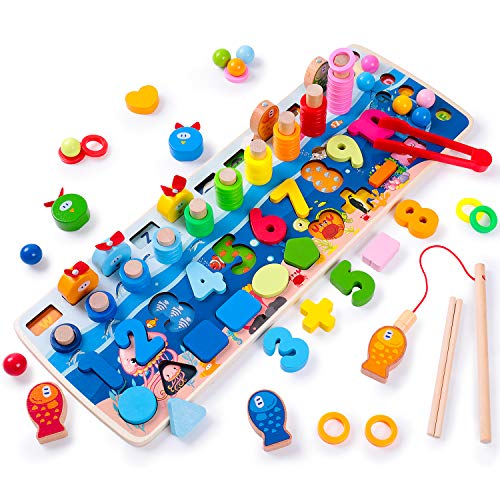 Rolimate Rompecabezas de Madera Montessori Juguetes educativos, Preescolar Matemáticas Clasificación Apilar Número Juego de conteo, Juego de Pesca Juguetes para 3 4 5 6 años Niños Niñas