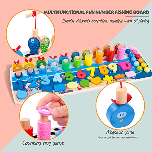 Rolimate Rompecabezas de Madera Montessori Juguetes educativos, Preescolar Matemáticas Clasificación Apilar Número Juego de conteo, Juego de Pesca Juguetes para 3 4 5 6 años Niños Niñas
