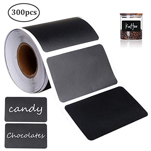 Rollo de 300Pcs Etiquetas Adhesivas de Pegatina Reutilizable Borrable de vinilo, Chalkboard Labels para Decorar Tarros, Botes, Hogar y Oficina, mermelada, Negro 60 x 40 mm