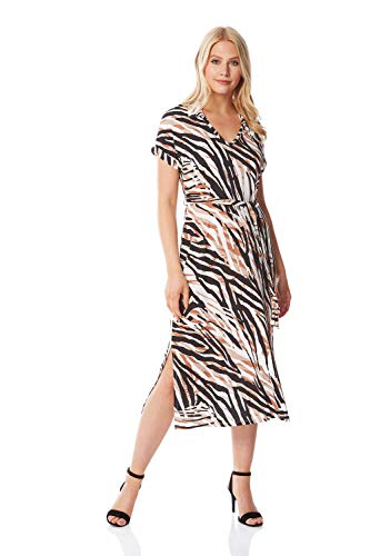 Roman Originals - Vestido midi con cuello de estampado animal, para mujer, informal, elegante, para uso diario, oficina, entrevista, fin de semana, manga corta, cuello en V