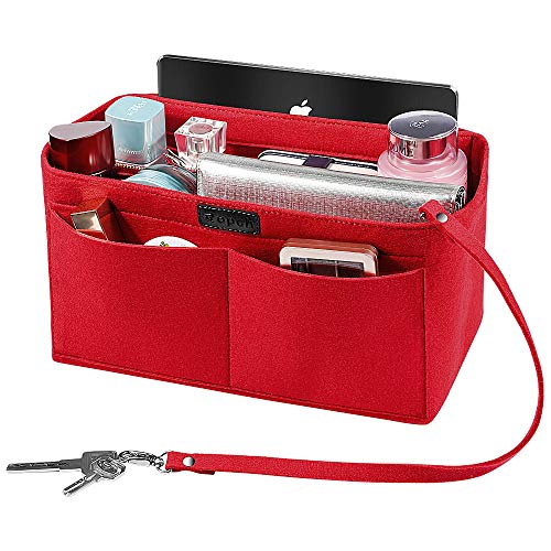 Ropch Bolso Organizador de Fieltro, Organizadores de Bolso Fieltro Bolsa en Bolsa Organizador Bolso Insertar con Bolsa de Cremallera Desmontable y Llavero (Rojo, L)