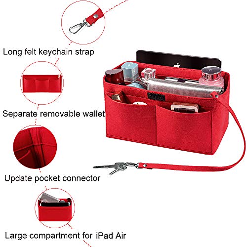 Ropch Bolso Organizador de Fieltro, Organizadores de Bolso Fieltro Bolsa en Bolsa Organizador Bolso Insertar con Bolsa de Cremallera Desmontable y Llavero (Rojo, L)