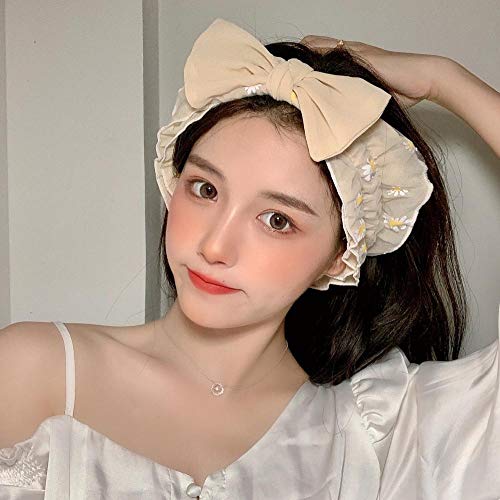 Roshow Pequeña Margarita Hilo de Gasa de Doble Capa con Volantes Lazo Lavado Diadema Mujer Diadema elástica Diadema Accesorios para el Cabello-Bow un Albaricoque de arroz