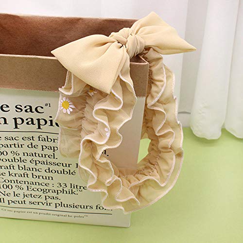 Roshow Pequeña Margarita Hilo de Gasa de Doble Capa con Volantes Lazo Lavado Diadema Mujer Diadema elástica Diadema Accesorios para el Cabello-Bow un Albaricoque de arroz
