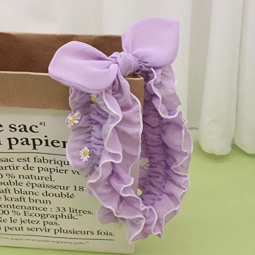 Roshow Pequeña Margarita Hilo de Gasa de Doble Capa con Volantes Lazo Lavado Diadema Mujer Diadema elástica Diadema Accesorios para el Cabello-Bow un Albaricoque de arroz