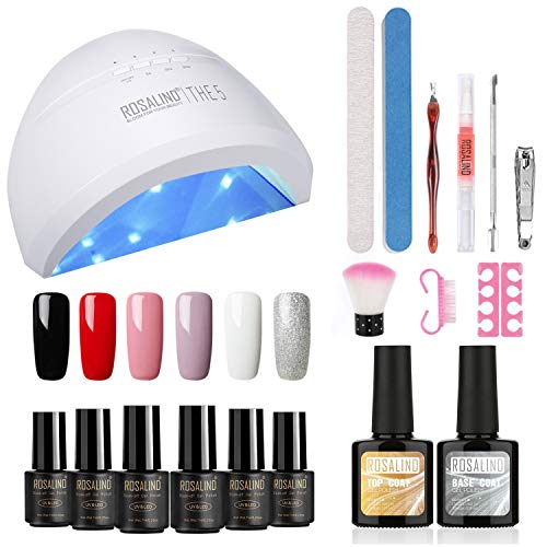 ROSLAIND Kit de inicio esmalte de uñas de gel 24W/48W Luz LED UV ajustable (3 temporizadores) remojo Gel 6pcs Verano Otoño Nude Color Set Herramientas de manicura Essentials Diseños de uñas