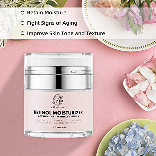ROSVANEE Retinol crema hidratante antienvejecimiento para rostro, cuello y ojos con 2.5% de retinol, ácido hialurónico y vitaminas E y B5, crema de hidratación profunda antiarrugas