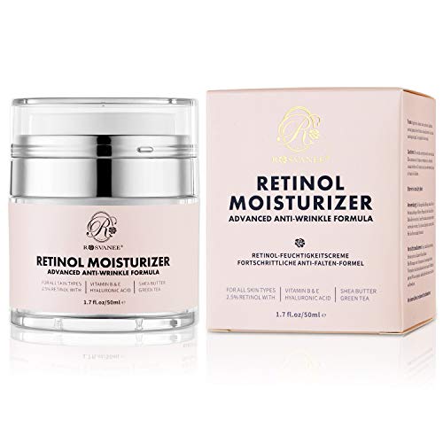 ROSVANEE Retinol crema hidratante antienvejecimiento para rostro, cuello y ojos con 2.5% de retinol, ácido hialurónico y vitaminas E y B5, crema de hidratación profunda antiarrugas