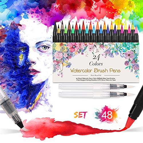 Rotuladores Acuarelables, Bolígrafos de Pincel de Acuarela, Lápices de Acuarela para Colorear (24 de Acuarela + 2 de Agua) 6 Plantillas de Patrón 16 Piezas Papel Ideal para Pintar Caligrafía Colorear