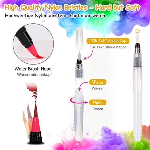 Rotuladores Acuarelables, Bolígrafos de Pincel de Acuarela, Lápices de Acuarela para Colorear (24 de Acuarela + 2 de Agua) 6 Plantillas de Patrón 16 Piezas Papel Ideal para Pintar Caligrafía Colorear