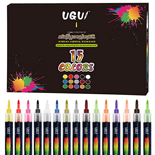 Rotuladores de Pintura Acrílica, UGUI 15 Colores Permanentes Punta Extrafina de 0,7 mm para Roca, Proyectos de Bricolaje, Tela, Metal, Vidrio, Madera, Diseñar Taza de Cerámica, Huevo de Pascua