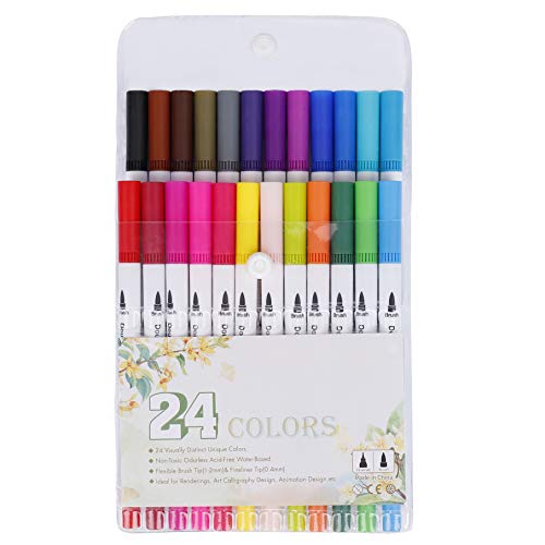 Rotuladores Pincel, Plumas de Doble Punta Fina para Dibujar y Colorear, Brush Pen 24 Colores con Efectos Acuarela para Pintura de Caligrafía, Lettering, Manga, Comic