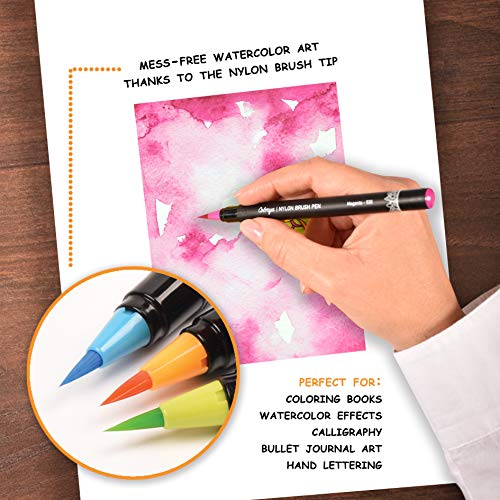 Rotuladores Punta Pincel de Nylon de Colorya - 50 Rotuladores acuarelables para Libros Para Colorear Para Adultos + 2 Pinceles de Agua y Estuche Transportable, Rotuladores Lettering y Dibujo