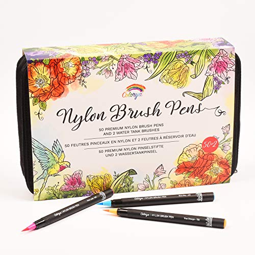 Rotuladores Punta Pincel de Nylon de Colorya - 50 Rotuladores acuarelables para Libros Para Colorear Para Adultos + 2 Pinceles de Agua y Estuche Transportable, Rotuladores Lettering y Dibujo