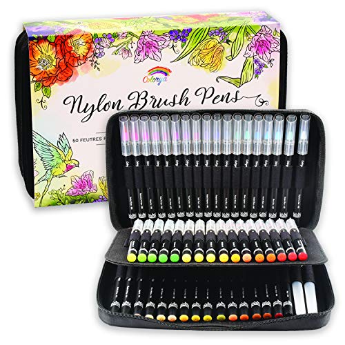 Rotuladores Punta Pincel de Nylon de Colorya - 50 Rotuladores acuarelables para Libros Para Colorear Para Adultos + 2 Pinceles de Agua y Estuche Transportable, Rotuladores Lettering y Dibujo
