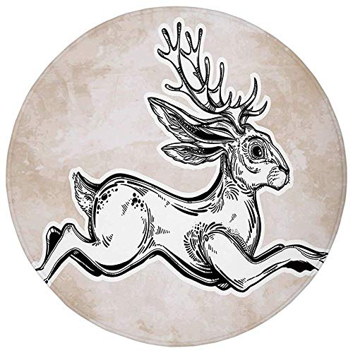 Round Rug Mat Carpet,Antler Decor,Jacalope Magical Creature Running Sketch Art Mythology Abstract Decorative,Black White Light Caramel,Flannel Microfiber Non-slip Soft Absorbent,for Kitchen Floor Bath
