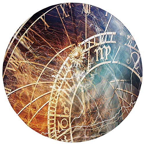 Round Rug Mat Carpet,Astrology,Travel Decor Ancient Old Town Prague Horoscope Clock Czech Republic Art Print Decorative,Multicolor,Flannel Microfiber Non-slip Soft Absorbent,for Kitchen Floor Bathroom