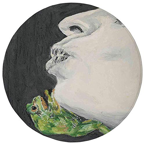 Round Rug Mat Carpet,Country Decor,Mod Drawing of a Lady Kissing the Frog Prince Soul Mates Love Boho Animal Art,Grey Green Black,Flannel Microfiber Non-slip Soft Absorbent,for Kitchen Floor Bathroom