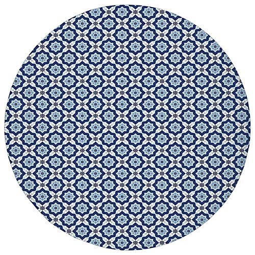 Round Rug Mat Carpet,Moroccan,Azulejo Tile Pattern Diagonal Ceramic Pattern Arabesque Star Design Ornament Decorative,Dark Blue White,Flannel Microfiber Non-slip Soft Absorbent,for Kitchen Floor Bathr